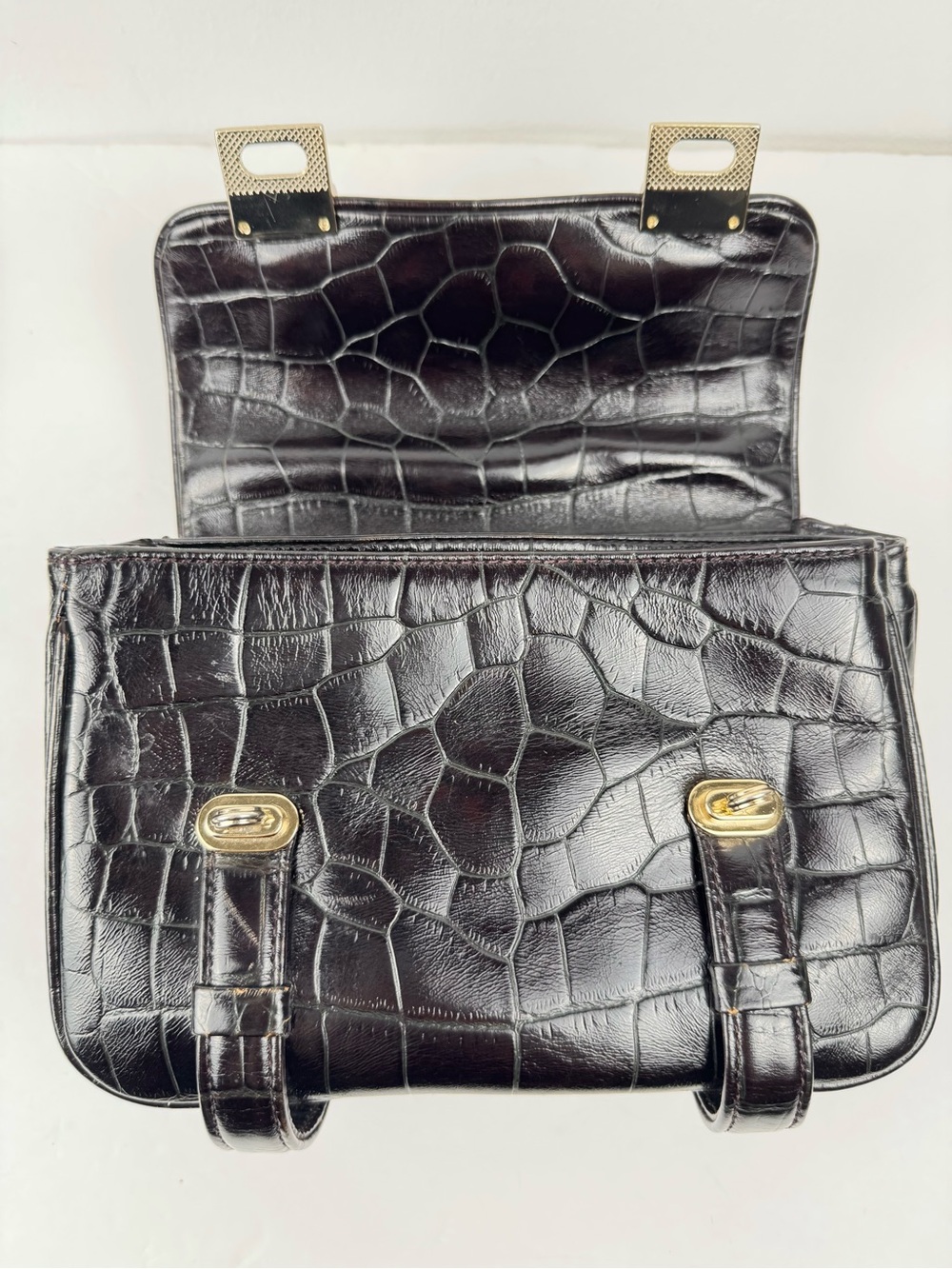 Kenneth Cole New York Dark Brown Croc Embossed Leather Top Handle Satchel. - Picture 10 of 16